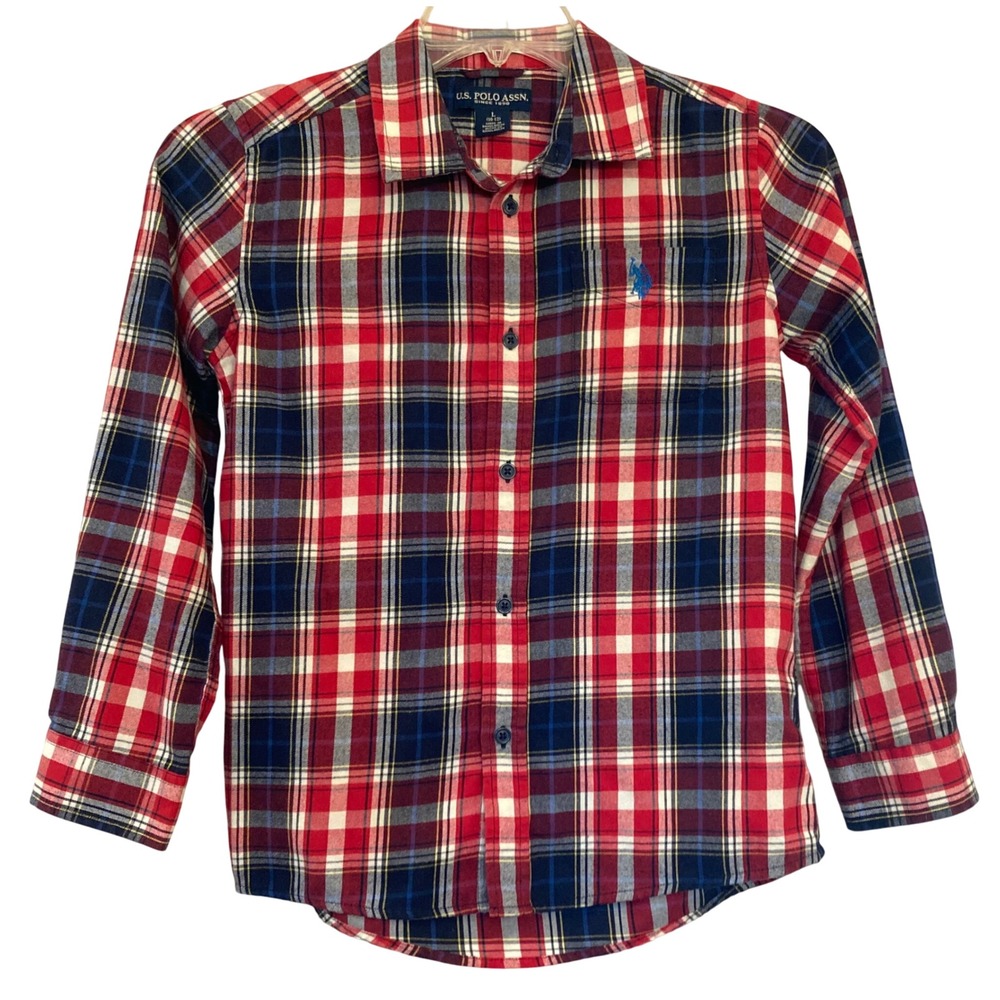 U.S. Polo Assn. Boys Flannel Shirt Plaid Long Sleeve Red Blue Size L (10-12)